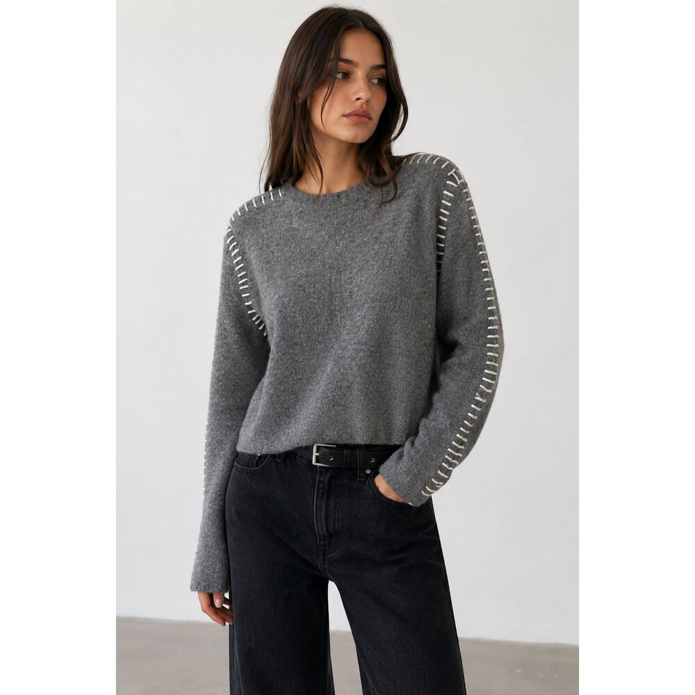 SAINT ART Wool Stitched Boxy Fit Sweater Gray Small